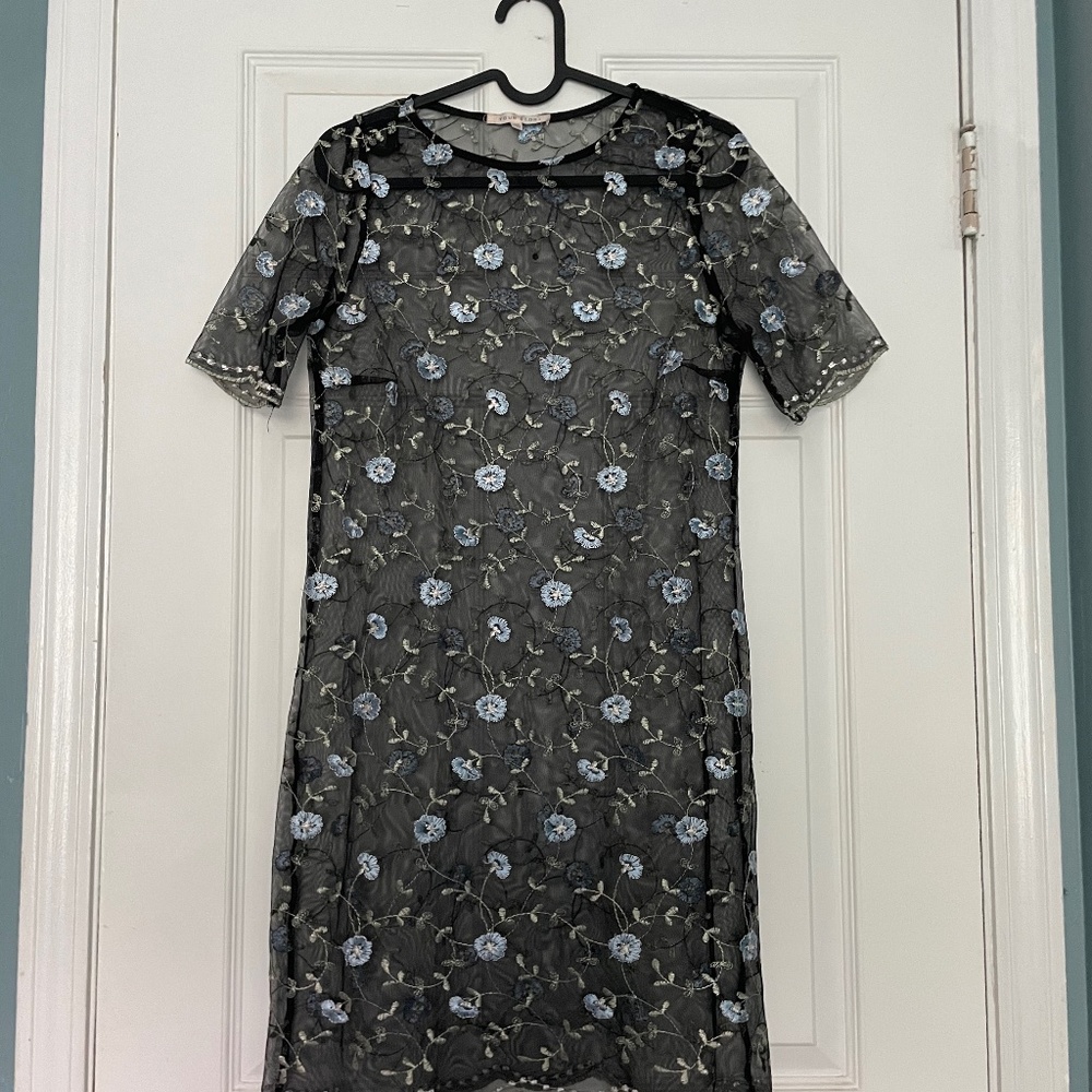 Embroidered Floral Mesh Black Dress